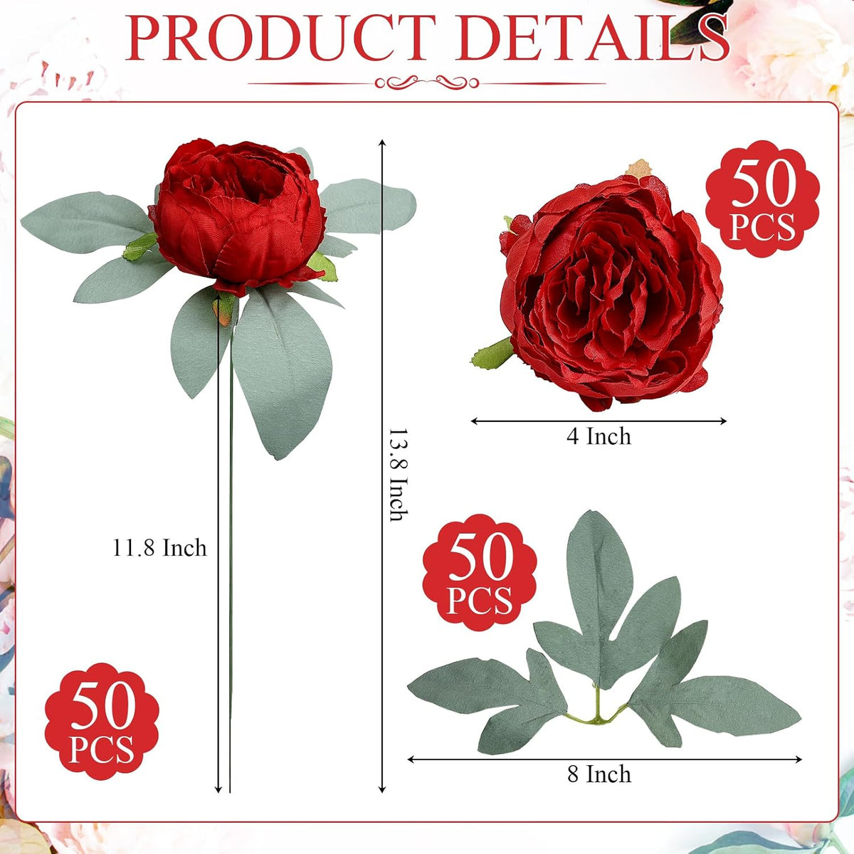 50Pcs Artificial Peonies Flowers Bulk, 4’’ - White