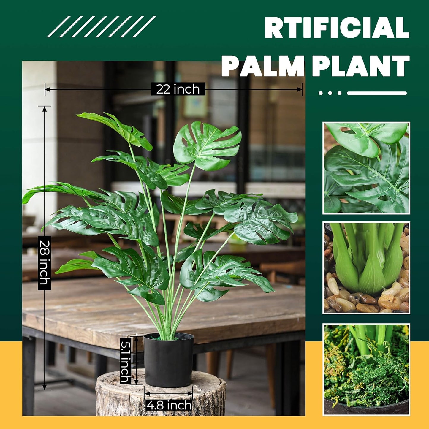 28"" Fake Plants Large Artificial Monstera Faux Plants Indoor with White Pot for Home Office Living Room Decor, Green