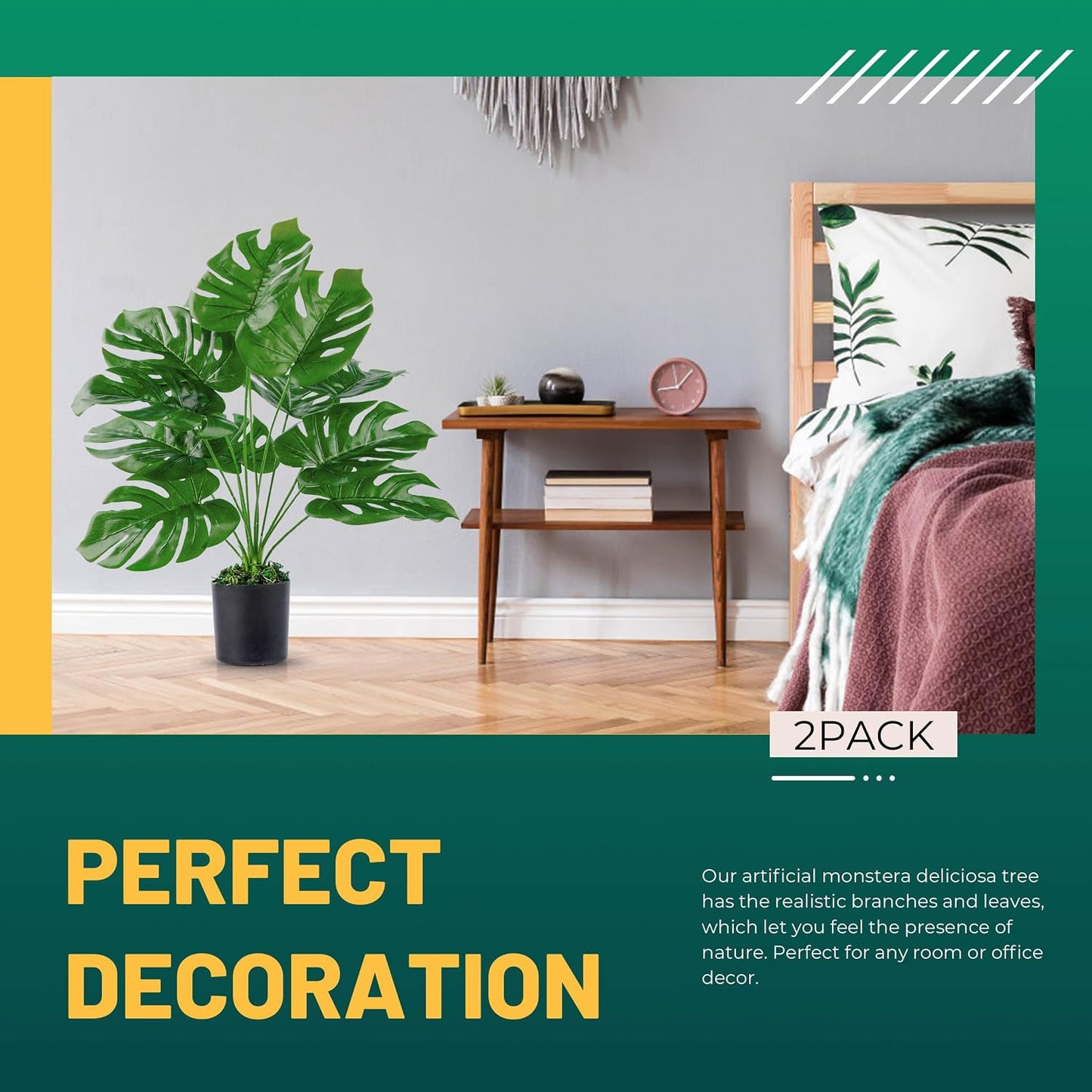 28"" Fake Plants Large Artificial Monstera Faux Plants Indoor with White Pot for Home Office Living Room Decor, Green