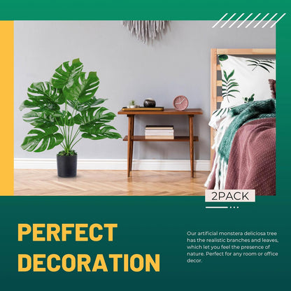 28"" Fake Plants Large Artificial Monstera Faux Plants Indoor with White Pot for Home Office Living Room Decor, Green