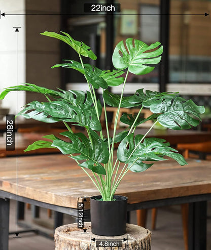 28"" Fake Plants Large Artificial Monstera Faux Plants Indoor with White Pot for Home Office Living Room Decor, Green