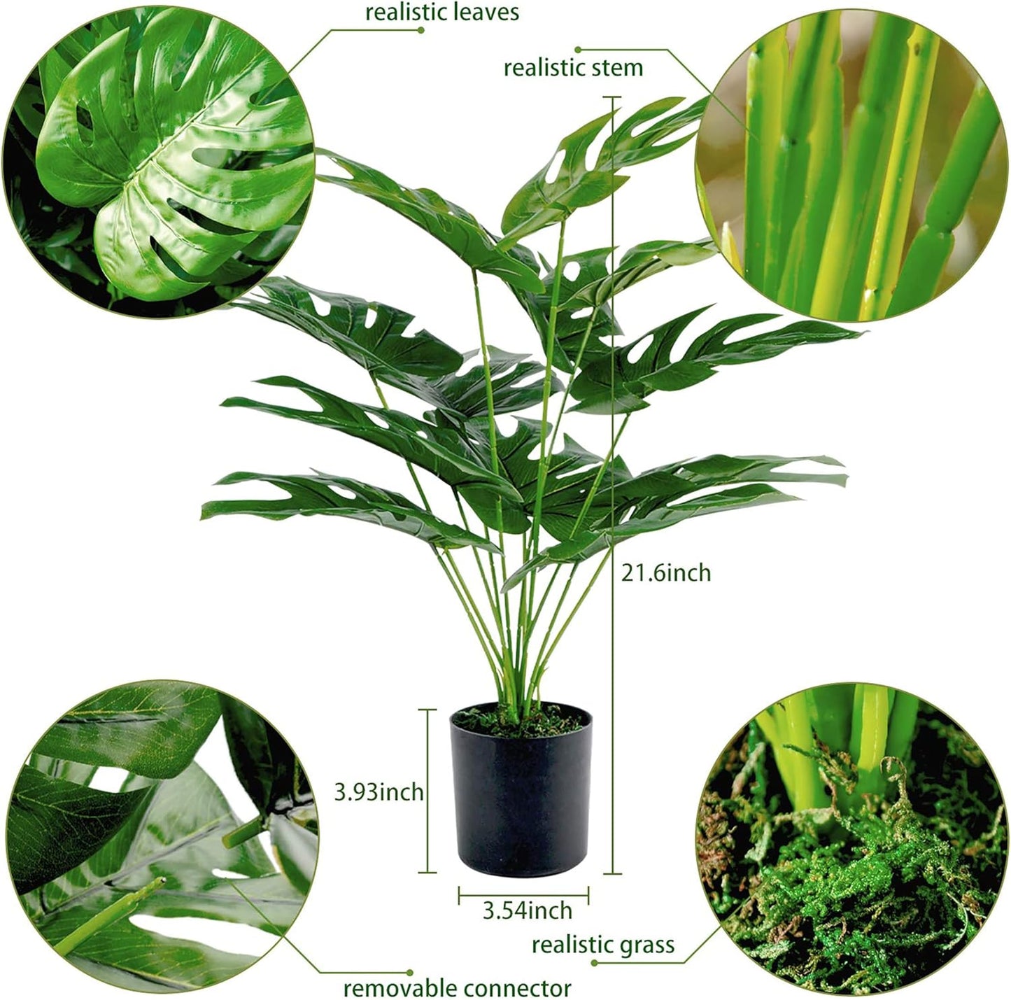 28"" Fake Plants Large Artificial Monstera Faux Plants Indoor with White Pot for Home Office Living Room Decor, Green