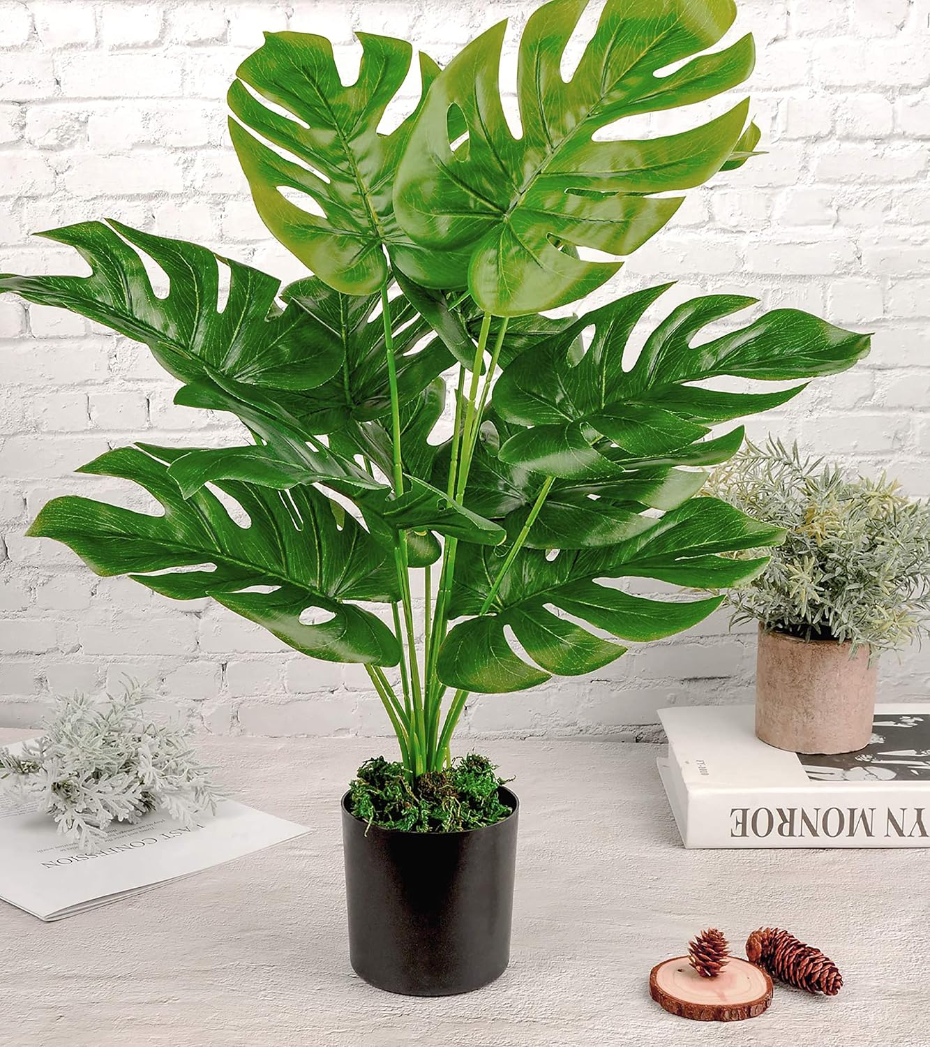 28"" Fake Plants Large Artificial Monstera Faux Plants Indoor with White Pot for Home Office Living Room Decor, Green