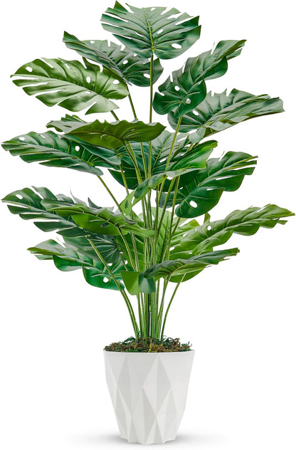 28"" Fake Plants Large Artificial Monstera Faux Plants Indoor with White Pot for Home Office Living Room Decor, Green