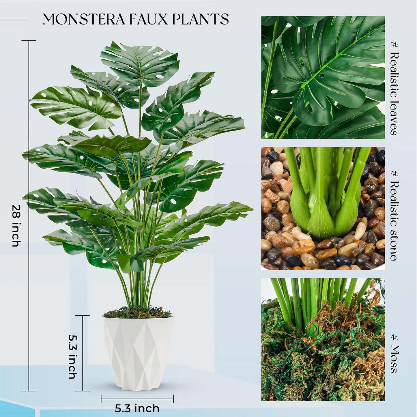 28"" Fake Plants Large Artificial Monstera Faux Plants Indoor with White Pot for Home Office Living Room Decor, Green