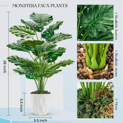 28"" Fake Plants Large Artificial Monstera Faux Plants Indoor with White Pot for Home Office Living Room Decor, Green