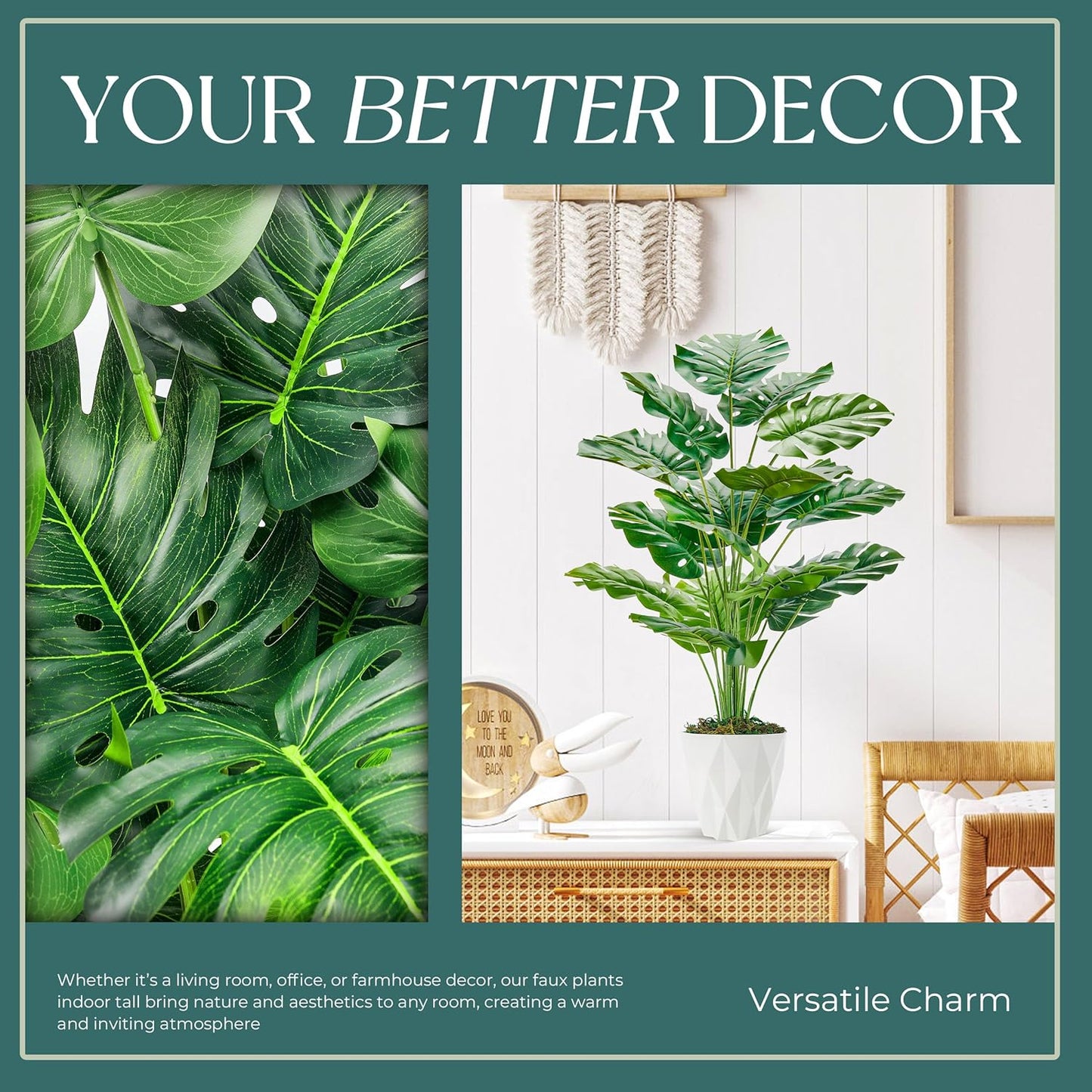 28"" Fake Plants Large Artificial Monstera Faux Plants Indoor with White Pot for Home Office Living Room Decor, Green