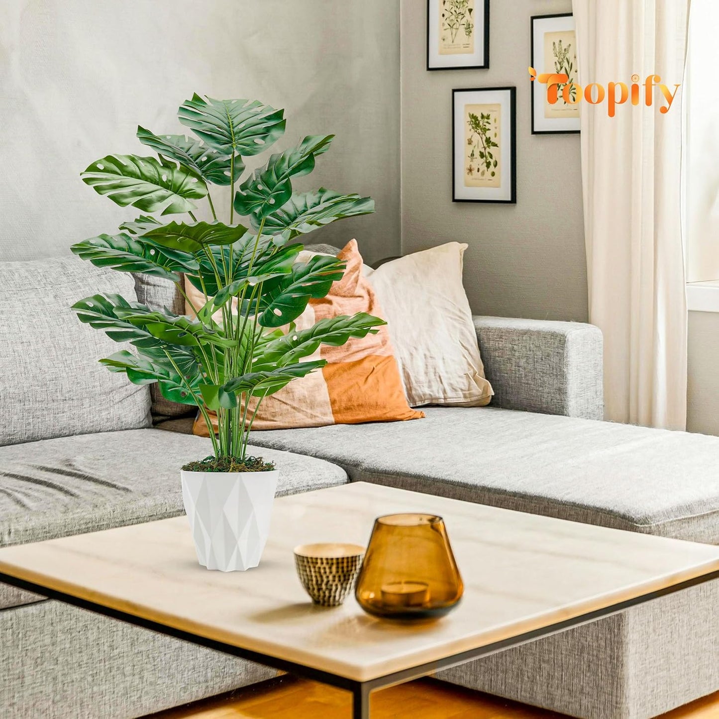 28"" Fake Plants Large Artificial Monstera Faux Plants Indoor with White Pot for Home Office Living Room Decor, Green