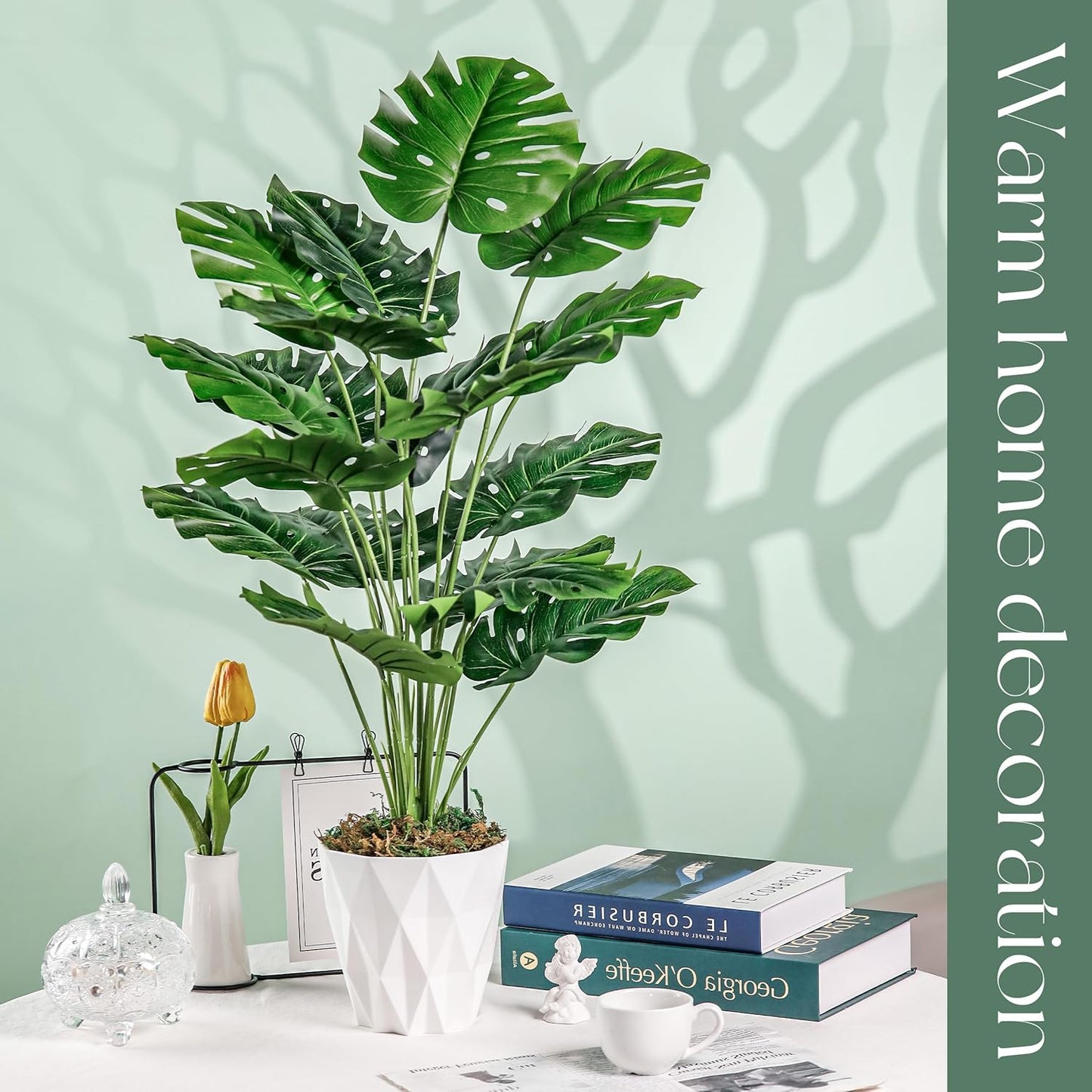 28"" Fake Plants Large Artificial Monstera Faux Plants Indoor with White Pot for Home Office Living Room Decor, Green