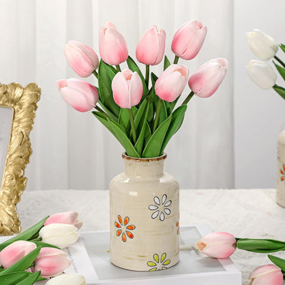 10.6IN Artificial Tulips in Ceramic Vase, Real Touch Flowers Faux Pink Tulips Arrangement for Home Office Wedding Anniversary Party Table Centerpiece Spring Easter Decor