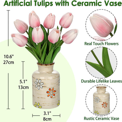 10.6IN Artificial Tulips in Ceramic Vase, Real Touch Flowers Faux Pink Tulips Arrangement for Home Office Wedding Anniversary Party Table Centerpiece Spring Easter Decor