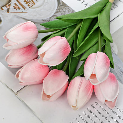 10.6IN Artificial Tulips in Ceramic Vase, Real Touch Flowers Faux Pink Tulips Arrangement for Home Office Wedding Anniversary Party Table Centerpiece Spring Easter Decor