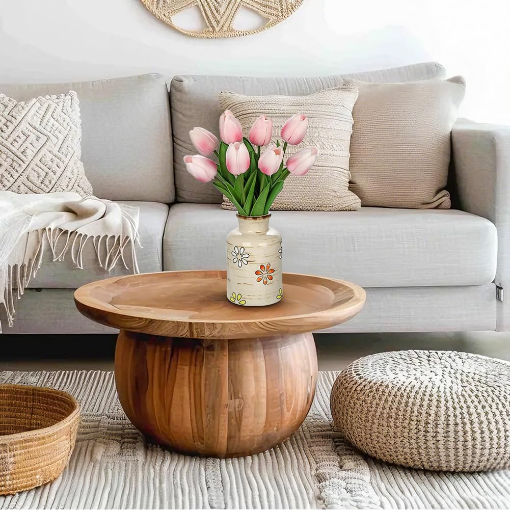 10.6IN Artificial Tulips in Ceramic Vase, Real Touch Flowers Faux Pink Tulips Arrangement for Home Office Wedding Anniversary Party Table Centerpiece Spring Easter Decor