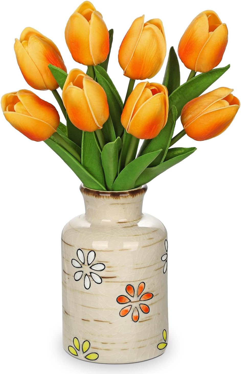 10.6IN Artificial Tulips in Ceramic Vase, Real Touch Flowers Faux Pink Tulips Arrangement for Home Office Wedding Anniversary Party Table Centerpiece Spring Easter Decor