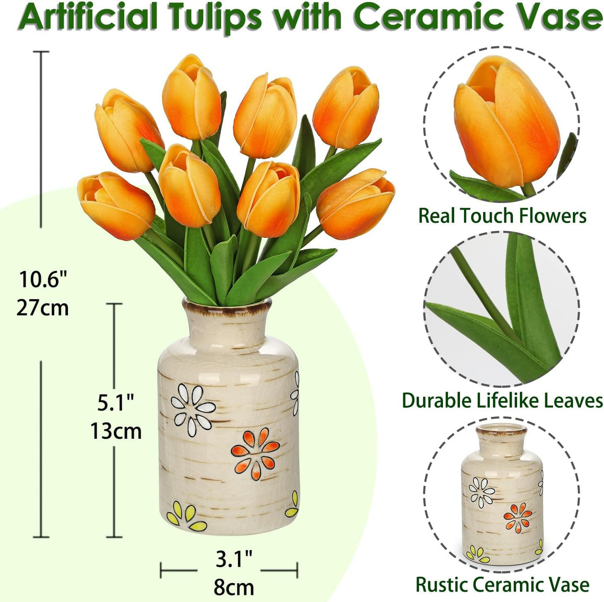 10.6IN Artificial Tulips in Ceramic Vase, Real Touch Flowers Faux Pink Tulips Arrangement for Home Office Wedding Anniversary Party Table Centerpiece Spring Easter Decor