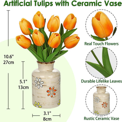 10.6IN Artificial Tulips in Ceramic Vase, Real Touch Flowers Faux Pink Tulips Arrangement for Home Office Wedding Anniversary Party Table Centerpiece Spring Easter Decor