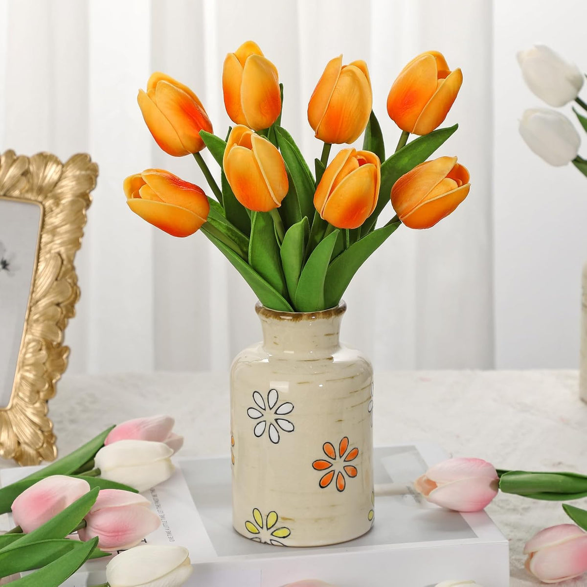 10.6IN Artificial Tulips in Ceramic Vase, Real Touch Flowers Faux Pink Tulips Arrangement for Home Office Wedding Anniversary Party Table Centerpiece Spring Easter Decor