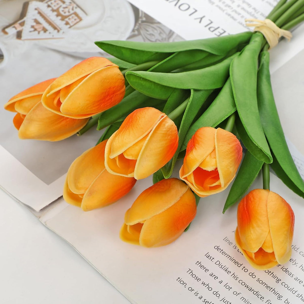 10.6IN Artificial Tulips in Ceramic Vase, Real Touch Flowers Faux Pink Tulips Arrangement for Home Office Wedding Anniversary Party Table Centerpiece Spring Easter Decor