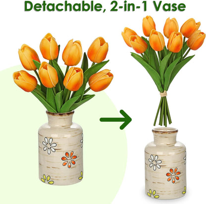 10.6IN Artificial Tulips in Ceramic Vase, Real Touch Flowers Faux Pink Tulips Arrangement for Home Office Wedding Anniversary Party Table Centerpiece Spring Easter Decor