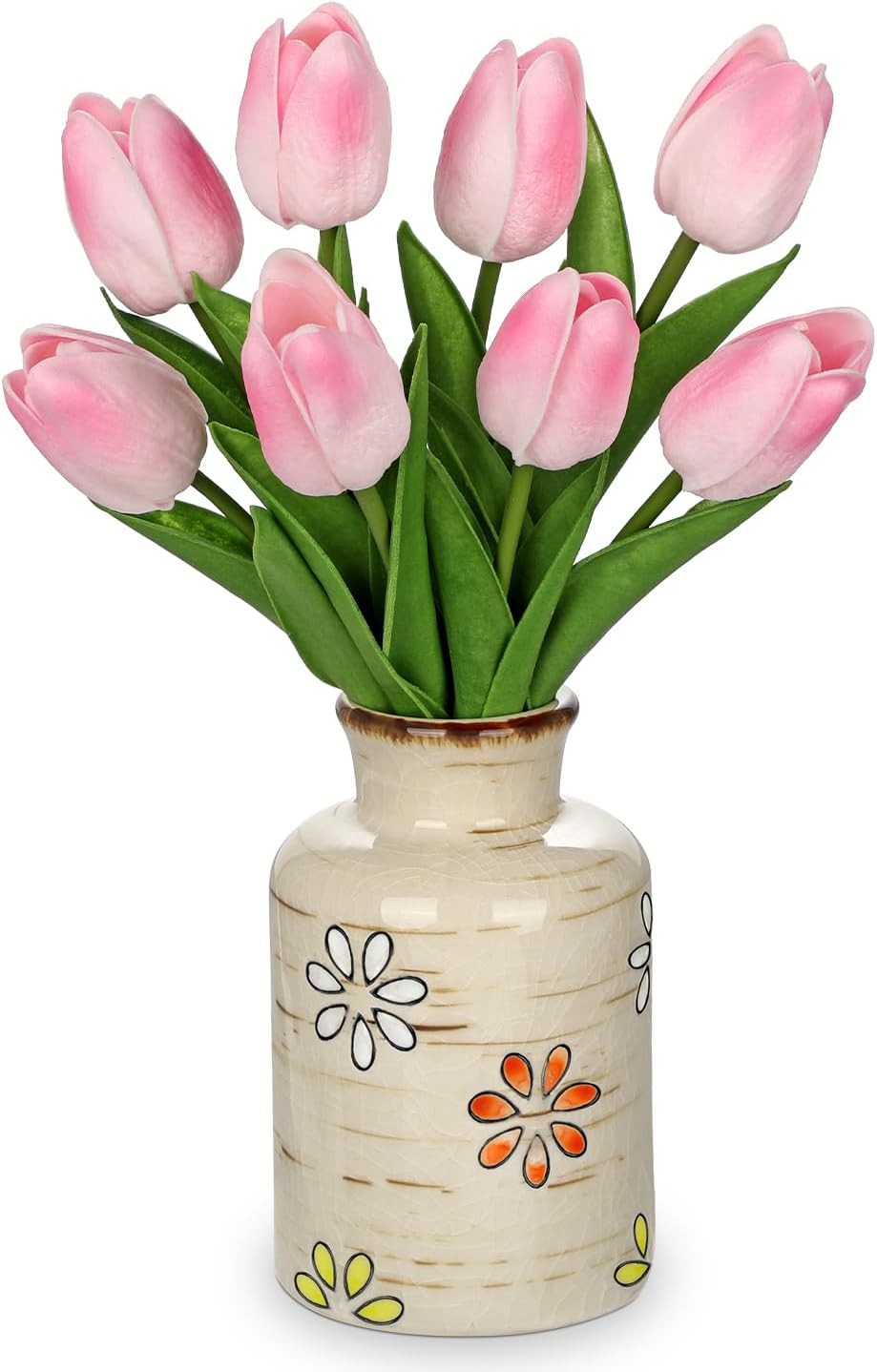 10.6IN Artificial Tulips in Ceramic Vase, Real Touch Flowers Faux Pink Tulips Arrangement for Home Office Wedding Anniversary Party Table Centerpiece Spring Easter Decor