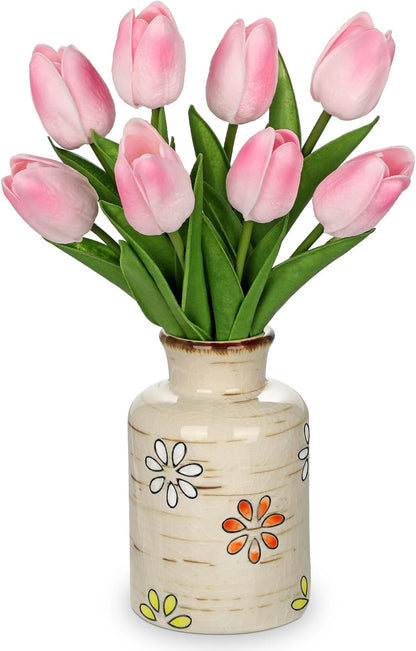 10.6IN Artificial Tulips in Ceramic Vase, Real Touch Flowers Faux Pink Tulips Arrangement for Home Office Wedding Anniversary Party Table Centerpiece Spring Easter Decor