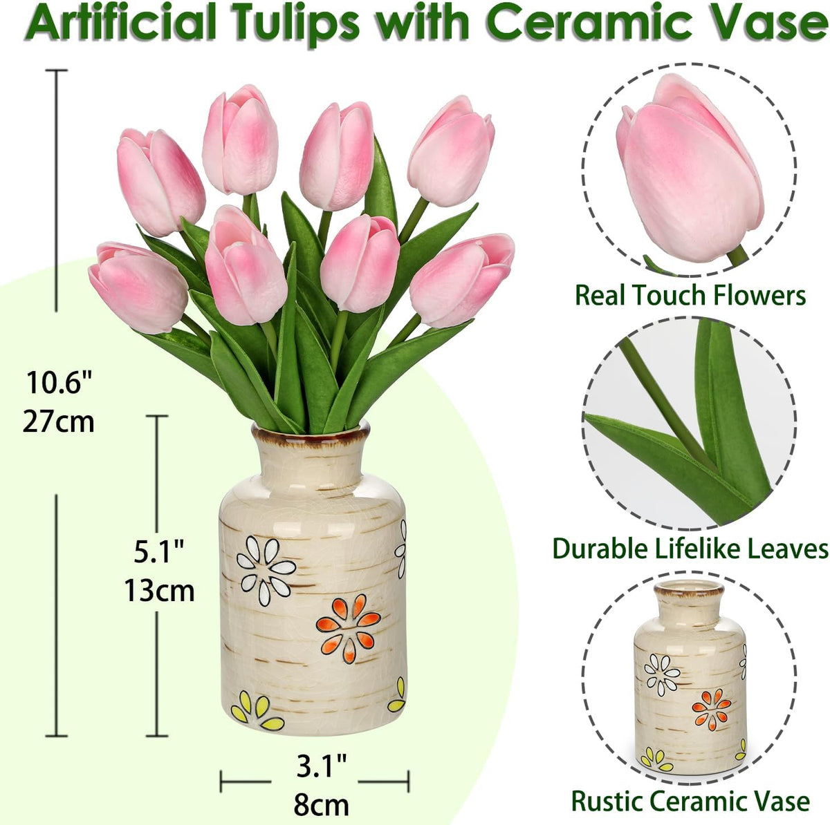10.6IN Artificial Tulips in Ceramic Vase, Real Touch Flowers Faux Pink Tulips Arrangement for Home Office Wedding Anniversary Party Table Centerpiece Spring Easter Decor