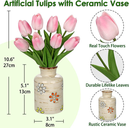 10.6IN Artificial Tulips in Ceramic Vase, Real Touch Flowers Faux Pink Tulips Arrangement for Home Office Wedding Anniversary Party Table Centerpiece Spring Easter Decor