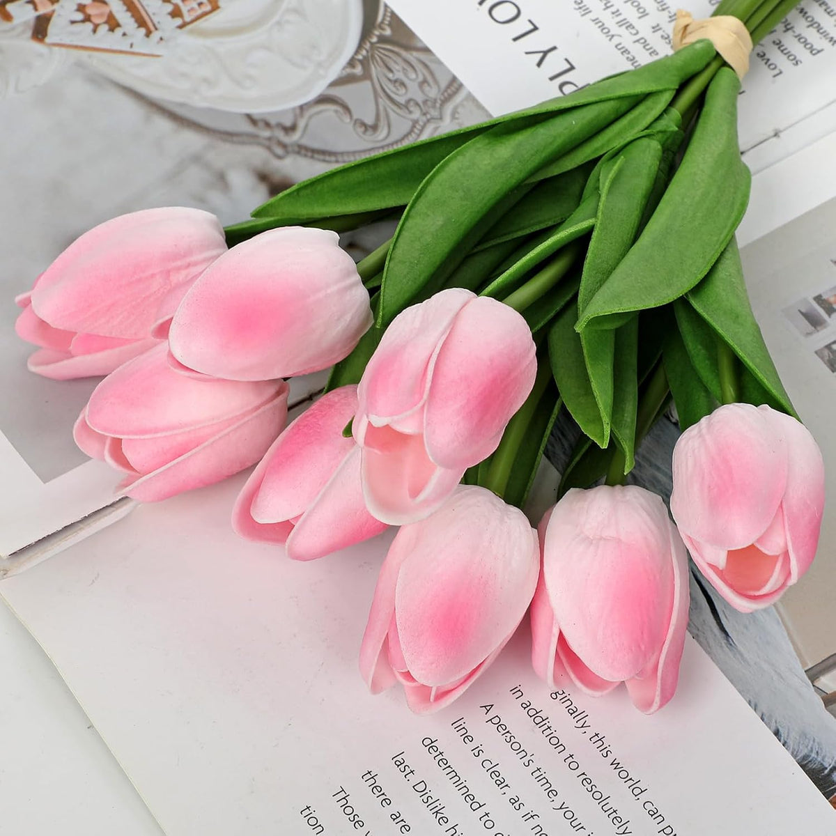 10.6IN Artificial Tulips in Ceramic Vase, Real Touch Flowers Faux Pink Tulips Arrangement for Home Office Wedding Anniversary Party Table Centerpiece Spring Easter Decor