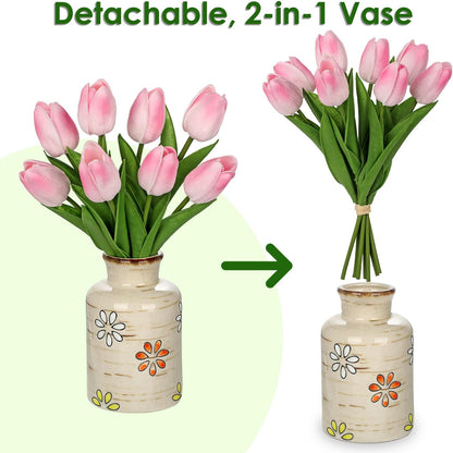 10.6IN Artificial Tulips in Ceramic Vase, Real Touch Flowers Faux Pink Tulips Arrangement for Home Office Wedding Anniversary Party Table Centerpiece Spring Easter Decor