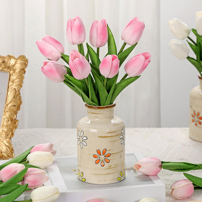 10.6IN Artificial Tulips in Ceramic Vase, Real Touch Flowers Faux Pink Tulips Arrangement for Home Office Wedding Anniversary Party Table Centerpiece Spring Easter Decor