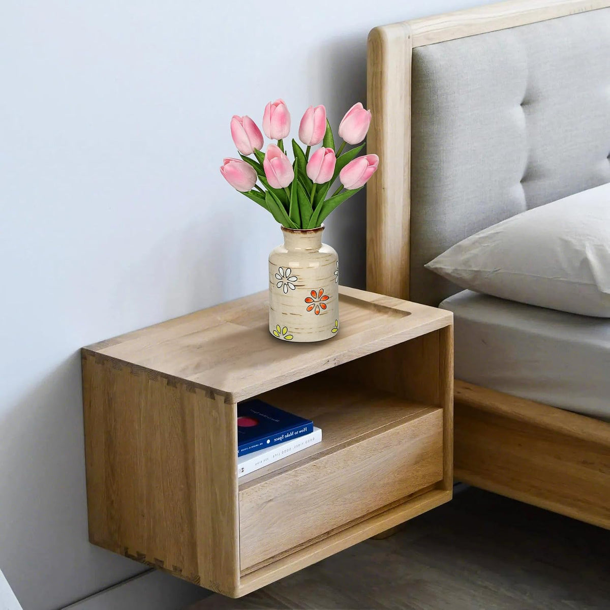 10.6IN Artificial Tulips in Ceramic Vase, Real Touch Flowers Faux Pink Tulips Arrangement for Home Office Wedding Anniversary Party Table Centerpiece Spring Easter Decor