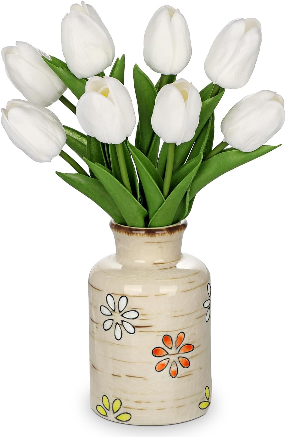 10.6IN Artificial Tulips in Ceramic Vase, Real Touch Flowers Faux Pink Tulips Arrangement for Home Office Wedding Anniversary Party Table Centerpiece Spring Easter Decor