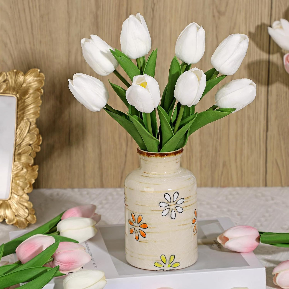 10.6IN Artificial Tulips in Ceramic Vase, Real Touch Flowers Faux Pink Tulips Arrangement for Home Office Wedding Anniversary Party Table Centerpiece Spring Easter Decor