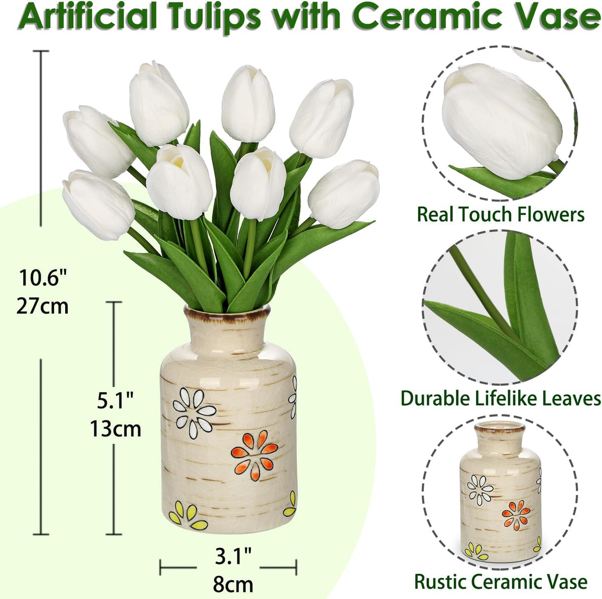 10.6IN Artificial Tulips in Ceramic Vase, Real Touch Flowers Faux Pink Tulips Arrangement for Home Office Wedding Anniversary Party Table Centerpiece Spring Easter Decor