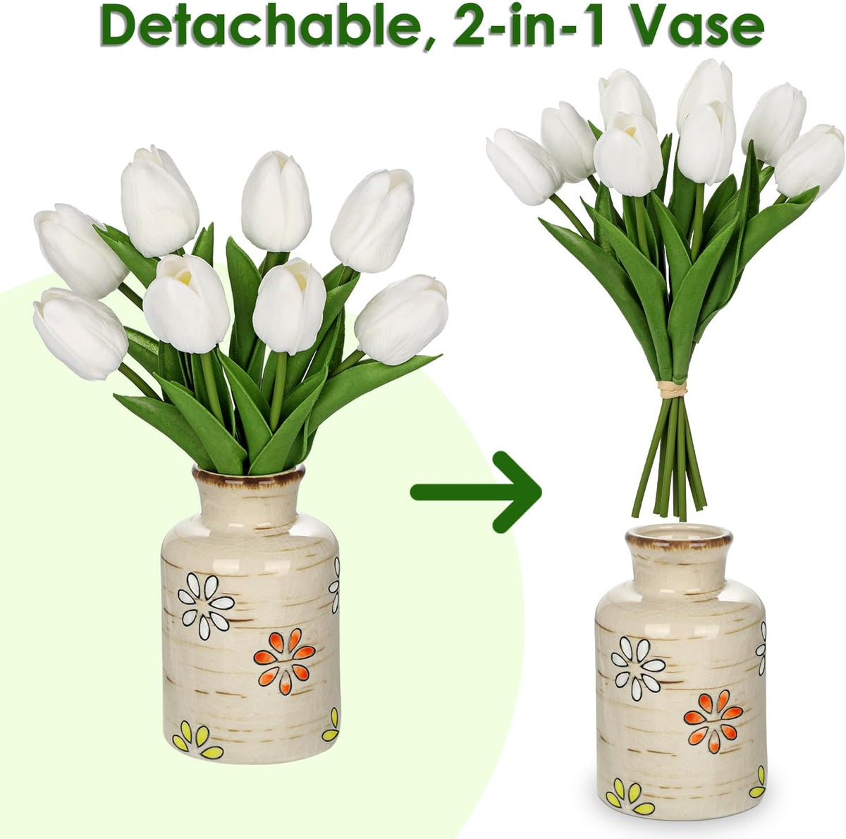 10.6IN Artificial Tulips in Ceramic Vase, Real Touch Flowers Faux Pink Tulips Arrangement for Home Office Wedding Anniversary Party Table Centerpiece Spring Easter Decor