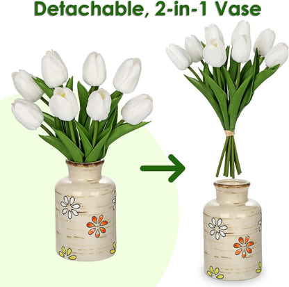 10.6IN Artificial Tulips in Ceramic Vase, Real Touch Flowers Faux Pink Tulips Arrangement for Home Office Wedding Anniversary Party Table Centerpiece Spring Easter Decor