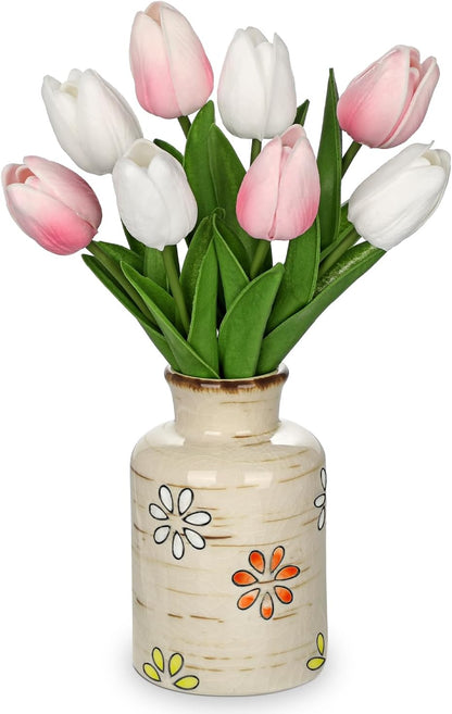 10.6IN Artificial Tulips in Ceramic Vase, Real Touch Flowers Faux Pink Tulips Arrangement for Home Office Wedding Anniversary Party Table Centerpiece Spring Easter Decor