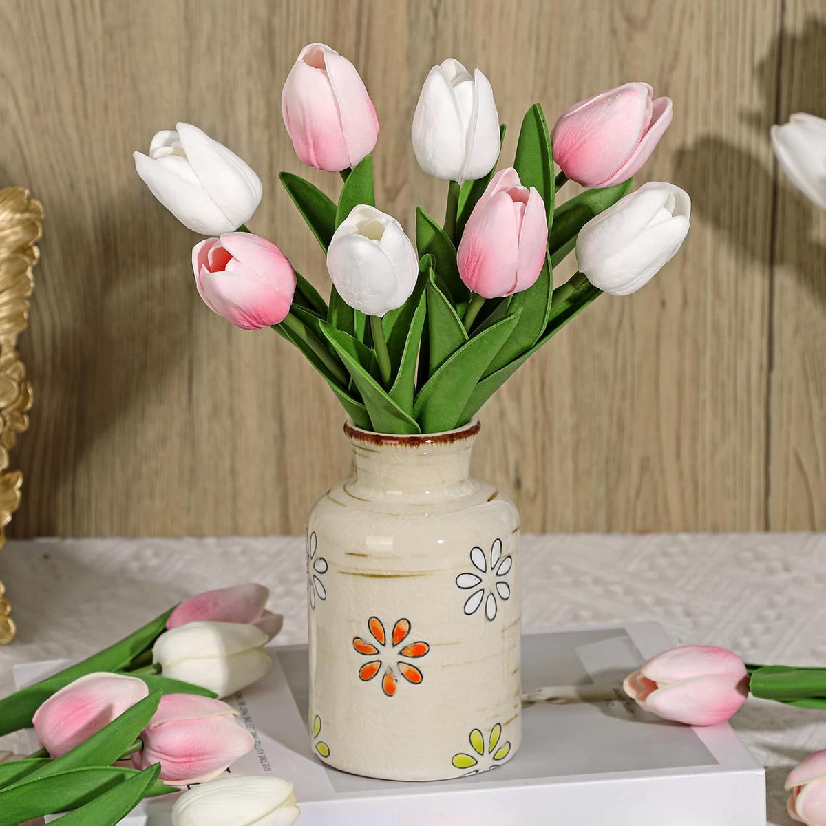 10.6IN Artificial Tulips in Ceramic Vase, Real Touch Flowers Faux Pink Tulips Arrangement for Home Office Wedding Anniversary Party Table Centerpiece Spring Easter Decor
