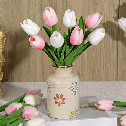 10.6IN Artificial Tulips in Ceramic Vase, Real Touch Flowers Faux Pink Tulips Arrangement for Home Office Wedding Anniversary Party Table Centerpiece Spring Easter Decor