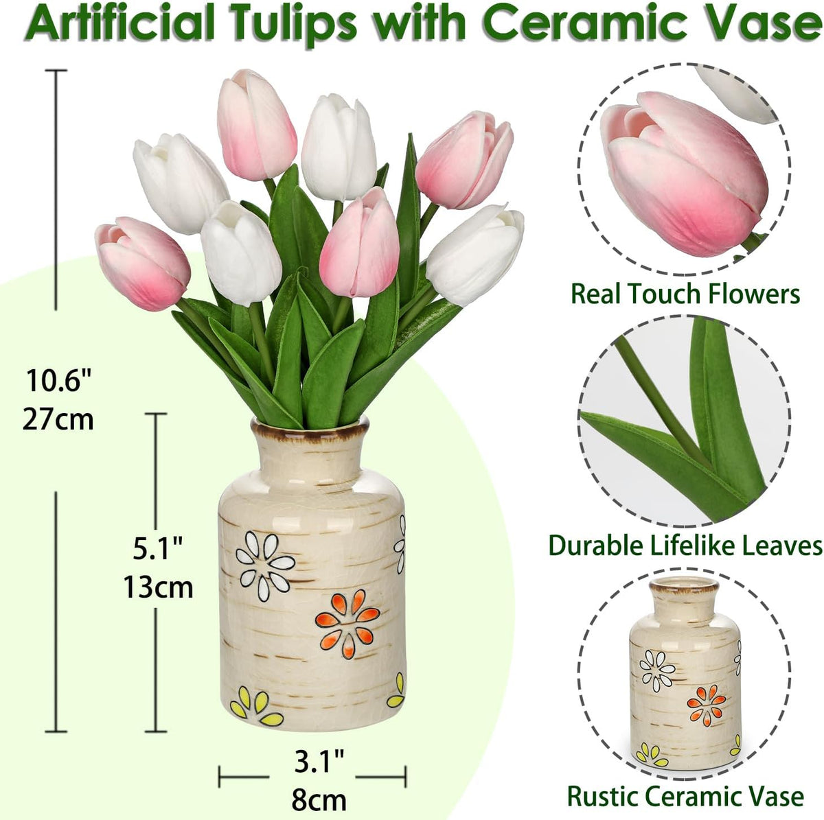 10.6IN Artificial Tulips in Ceramic Vase, Real Touch Flowers Faux Pink Tulips Arrangement for Home Office Wedding Anniversary Party Table Centerpiece Spring Easter Decor