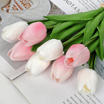10.6IN Artificial Tulips in Ceramic Vase, Real Touch Flowers Faux Pink Tulips Arrangement for Home Office Wedding Anniversary Party Table Centerpiece Spring Easter Decor