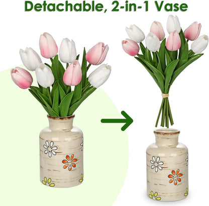 10.6IN Artificial Tulips in Ceramic Vase, Real Touch Flowers Faux Pink Tulips Arrangement for Home Office Wedding Anniversary Party Table Centerpiece Spring Easter Decor
