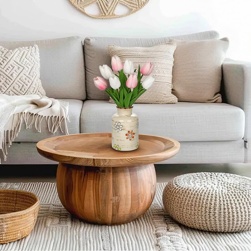 10.6IN Artificial Tulips in Ceramic Vase, Real Touch Flowers Faux Pink Tulips Arrangement for Home Office Wedding Anniversary Party Table Centerpiece Spring Easter Decor