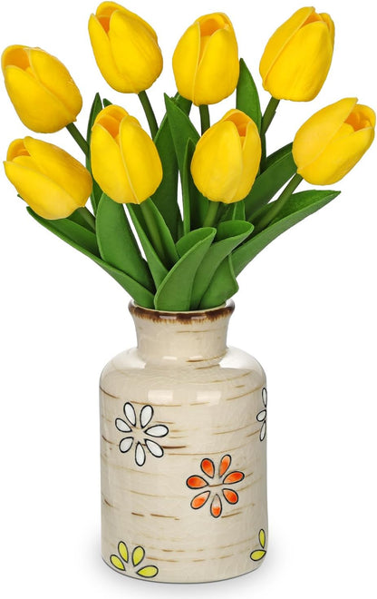 10.6IN Artificial Tulips in Ceramic Vase, Real Touch Flowers Faux Pink Tulips Arrangement for Home Office Wedding Anniversary Party Table Centerpiece Spring Easter Decor