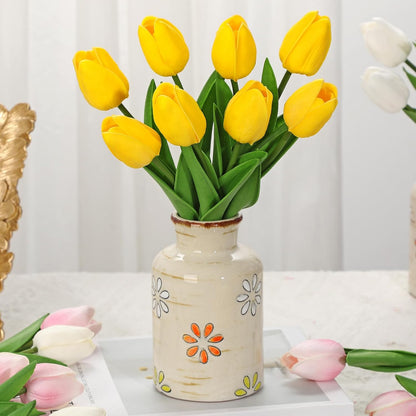 10.6IN Artificial Tulips in Ceramic Vase, Real Touch Flowers Faux Pink Tulips Arrangement for Home Office Wedding Anniversary Party Table Centerpiece Spring Easter Decor
