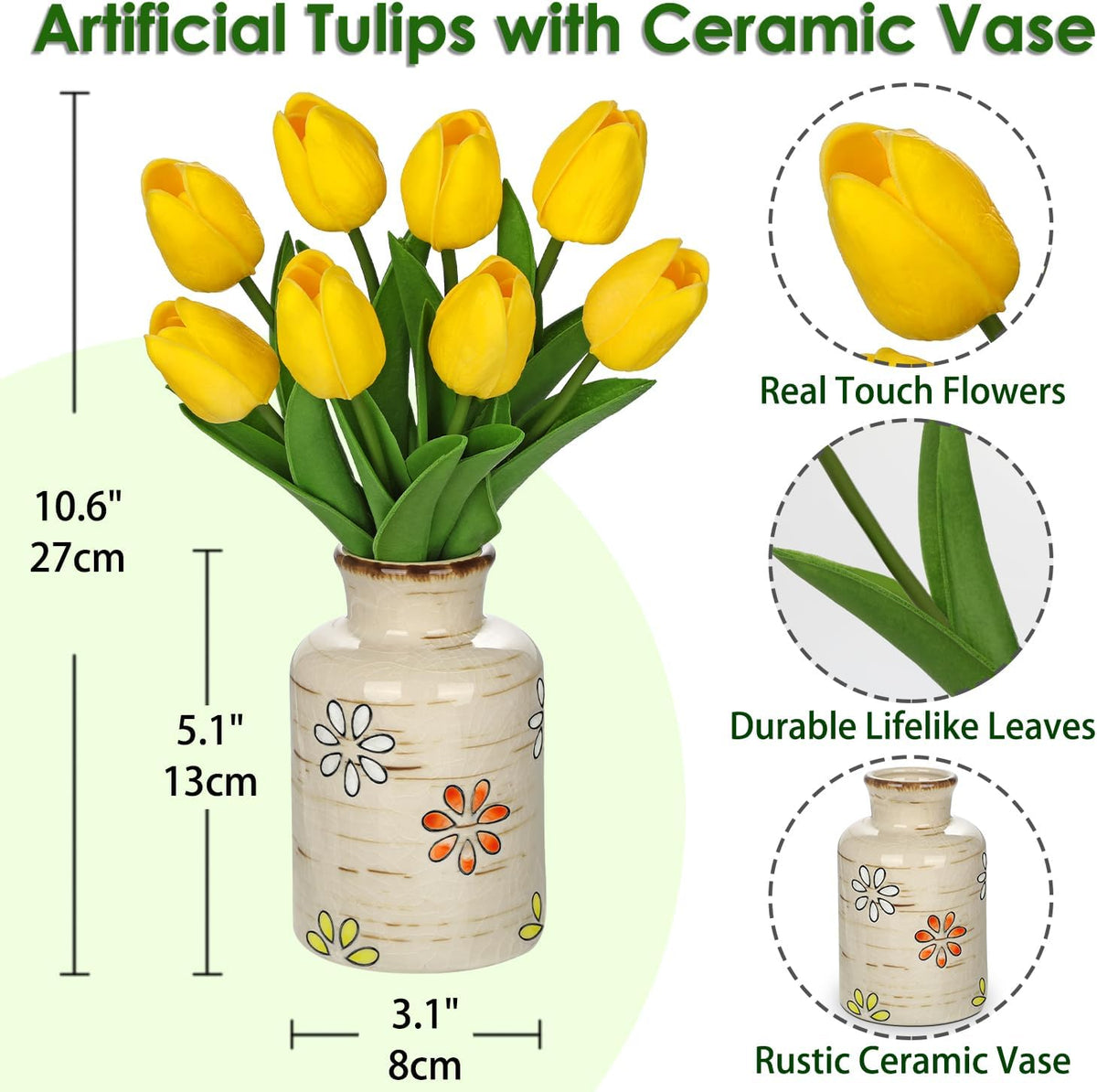 10.6IN Artificial Tulips in Ceramic Vase, Real Touch Flowers Faux Pink Tulips Arrangement for Home Office Wedding Anniversary Party Table Centerpiece Spring Easter Decor