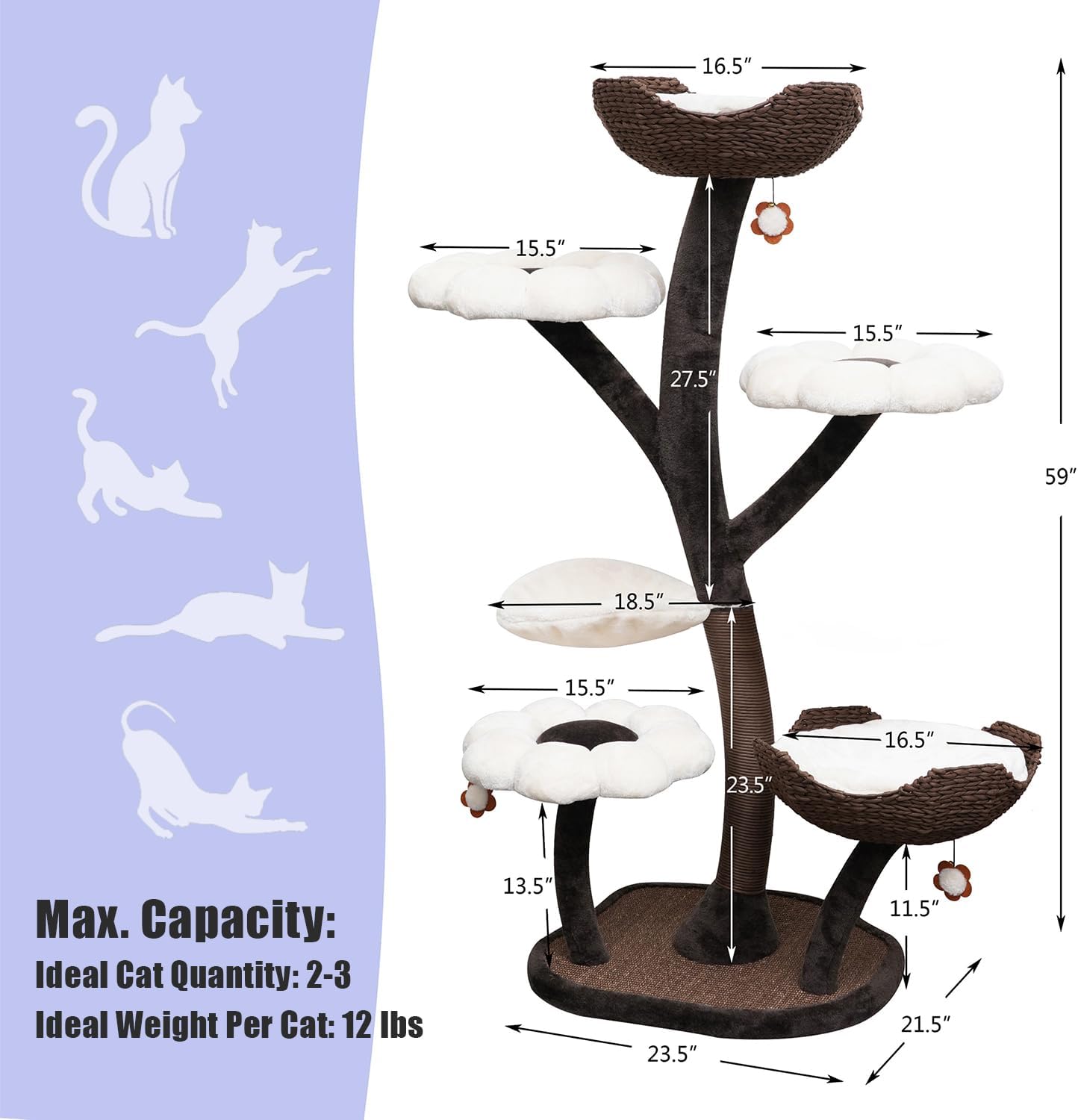 Catry Flower Cat Tree with Hideaway Condo, 3 Perches and Scratching Posts | Aesthetic floral cat condo tower for indoor cats, features durable sisal scratching posts, cozy plush flower beds & perches