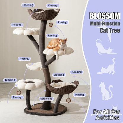 Catry Flower Cat Tree with Hideaway Condo, 3 Perches and Scratching Posts | Aesthetic floral cat condo tower for indoor cats, features durable sisal scratching posts, cozy plush flower beds & perches