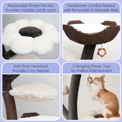 Catry Flower Cat Tree with Hideaway Condo, 3 Perches and Scratching Posts | Aesthetic floral cat condo tower for indoor cats, features durable sisal scratching posts, cozy plush flower beds & perches