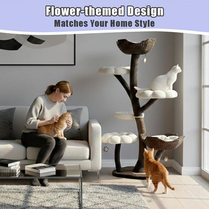 Catry Flower Cat Tree with Hideaway Condo, 3 Perches and Scratching Posts | Aesthetic floral cat condo tower for indoor cats, features durable sisal scratching posts, cozy plush flower beds & perches